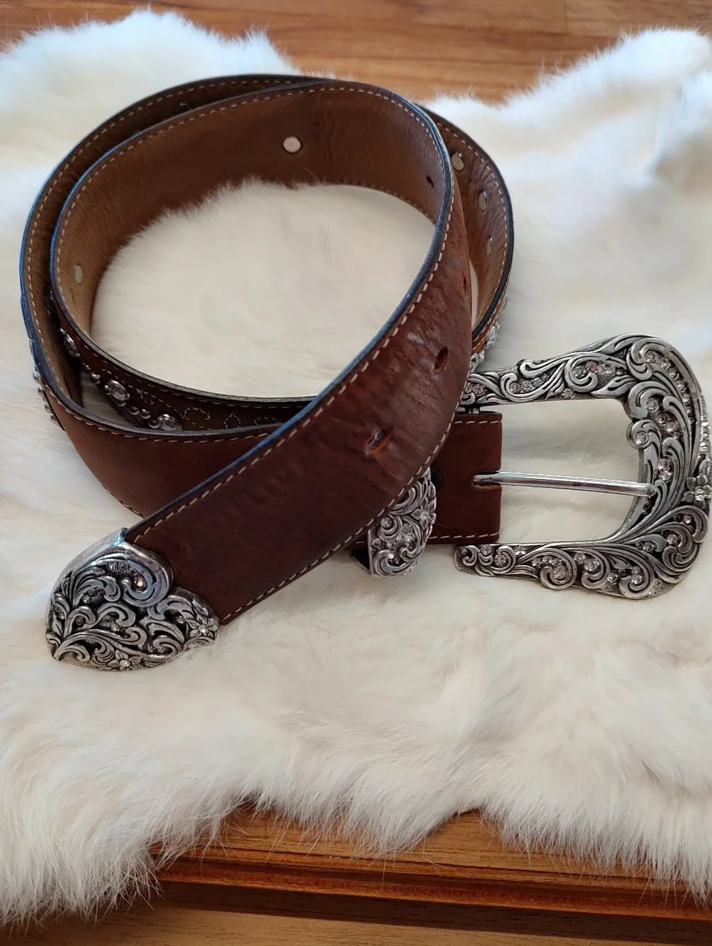 Tony Lama Leather Western Cowgirl Tooled Rhinestone Brown Bling Belt SZ: 32